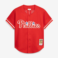 Jimmy Rollins Philadelphia Phillies Mitchell & Ness Cooperstown Mesh Batting Practice Button-Up Jersey - Red - Mitchell & Ness Lifestyle