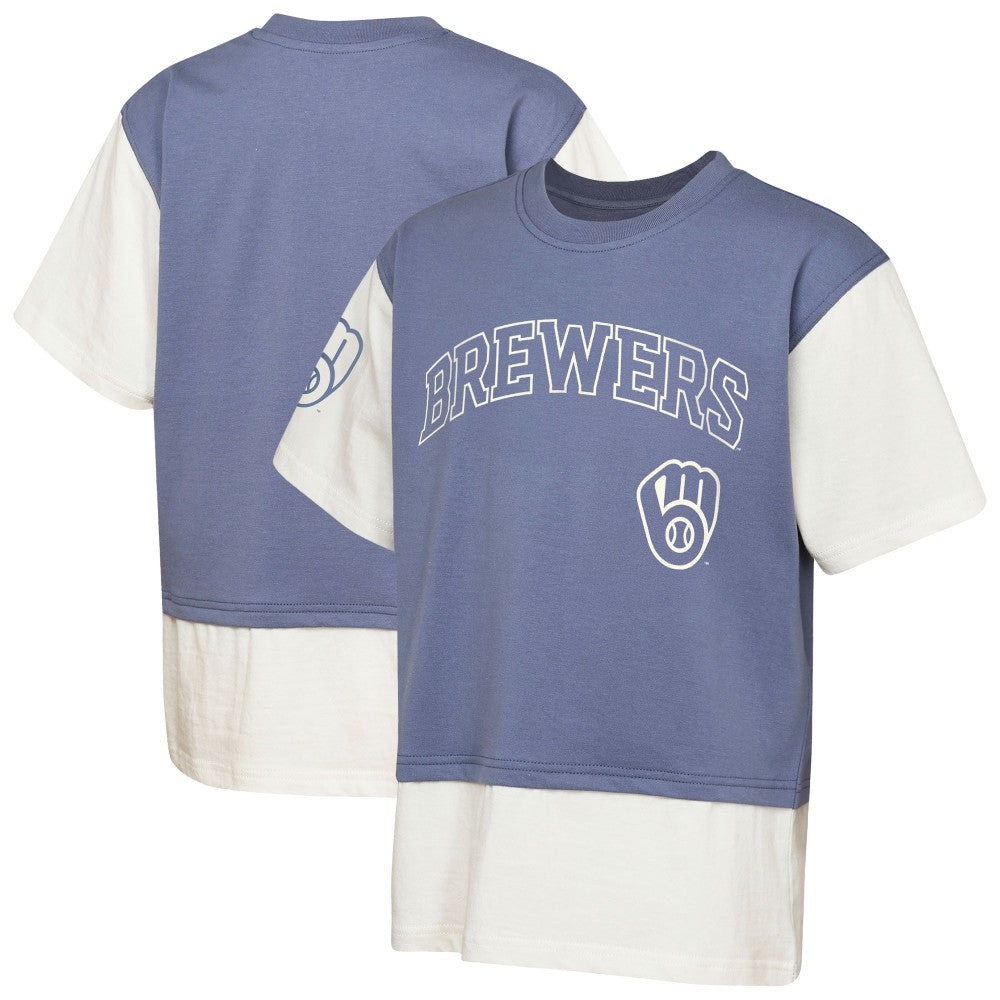 Milwaukee Brewers Outerstuff Youth Ultimate Pastels Premium Double Run T-Shirt - Navy/Cream - MLB Discount
