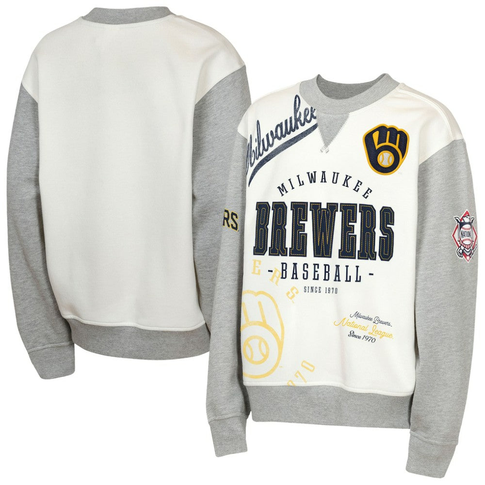Milwaukee Brewers Outerstuff Youth Big League Power Hit Fleece Sweatshirt - Cream/Gray - MLB Online