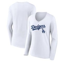 Los Angeles Dodgers Women's Team Lockup Long Sleeve V-Neck T-Shirt - White - MLB Sale