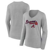 Atlanta Braves Women's Team Lockup Long Sleeve V-Neck T-Shirt - Gray - MLB Discount