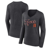 Detroit Tigers Women's Team Lockup Long Sleeve V-Neck T-Shirt - Charcoal - MLB Discount