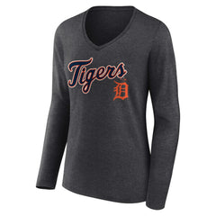 Detroit Tigers Women's Team Lockup Long Sleeve V-Neck T-Shirt - Charcoal - MLB Discount