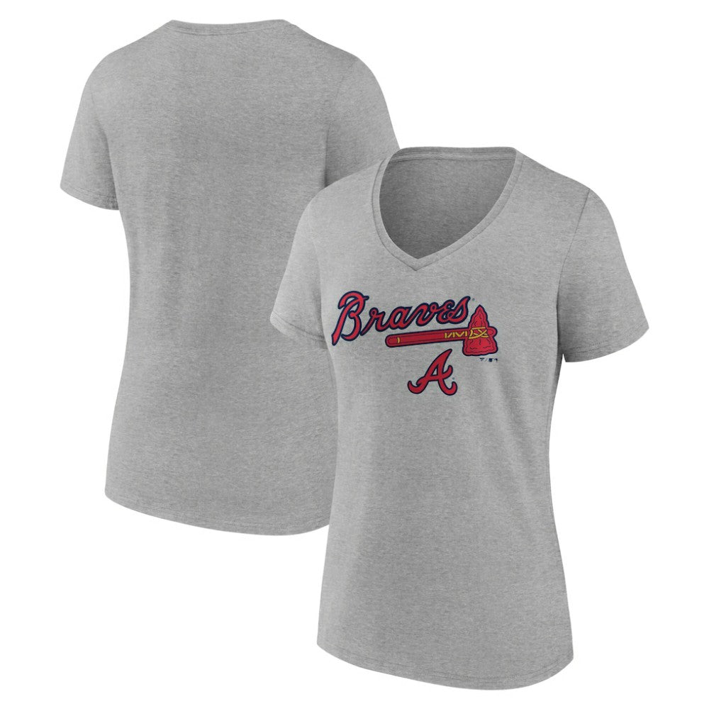 Atlanta Braves Women's Team Lockup V-Neck T-Shirt - Gray - MLB Discount