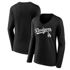 Los Angeles Dodgers Women's Team Lockup Long Sleeve V-Neck T-Shirt - Black - MLB Discount