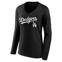 Los Angeles Dodgers Women's Team Lockup Long Sleeve V-Neck T-Shirt - Black - MLB Discount