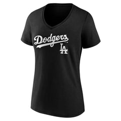 Los Angeles Dodgers Women's Team Lockup V-Neck T-Shirt - Black - MLB Sale