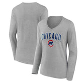 Chicago Cubs Women's Team Lockup Long Sleeve V-Neck T-Shirt - Gray - MLB Discount