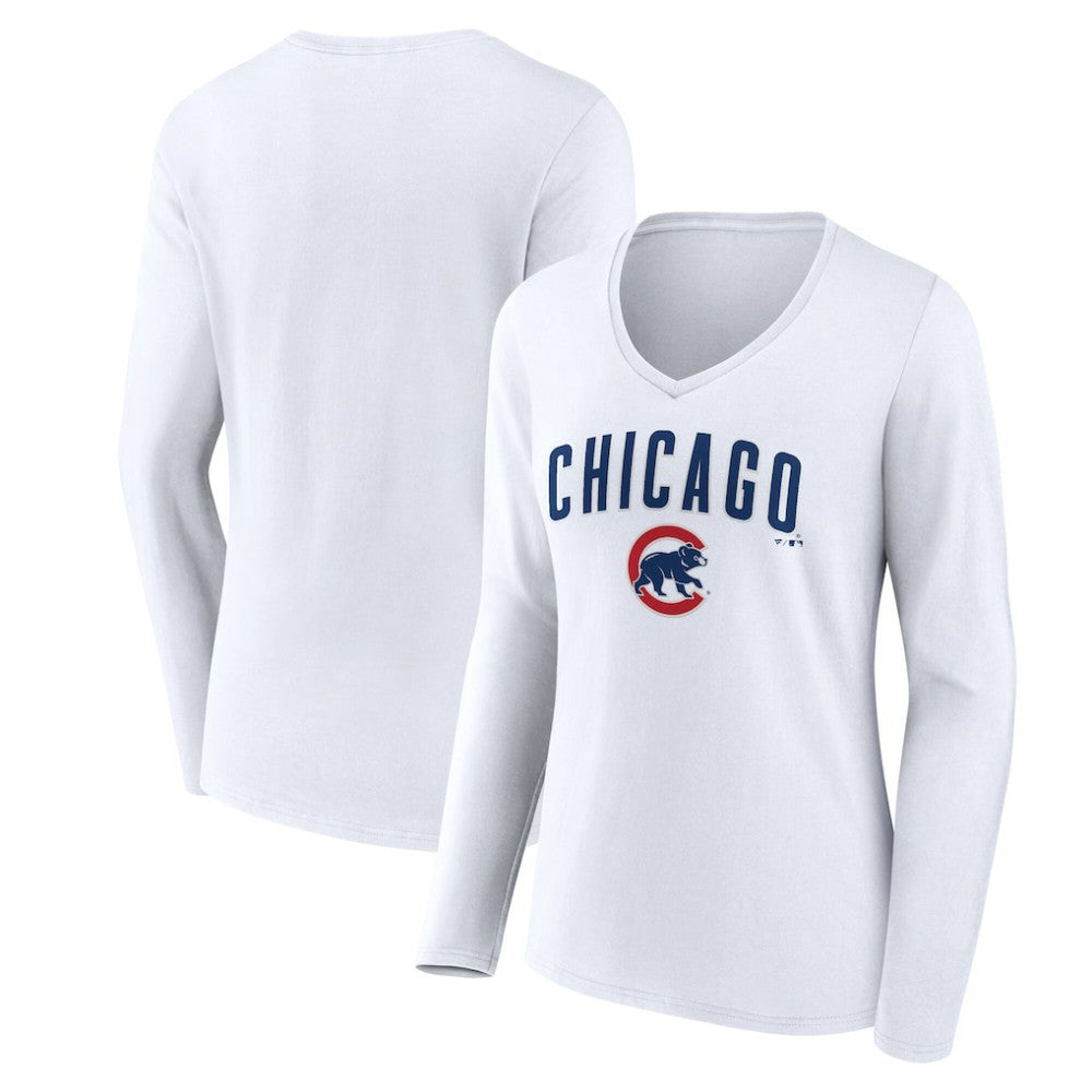 Chicago Cubs Women's Team Lockup Long Sleeve V-Neck T-Shirt - White - MLB on Sale