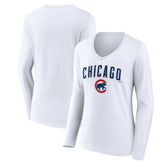 Chicago Cubs Women's Team Lockup Long Sleeve V-Neck T-Shirt - White - MLB on Sale