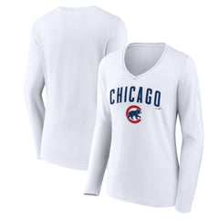 Chicago Cubs Women's Team Lockup Long Sleeve V-Neck T-Shirt - White - MLB on Sale