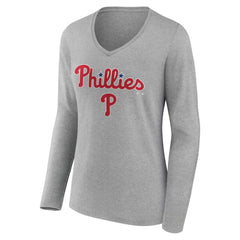 Philadelphia Phillies Women's Team Lockup Long Sleeve V-Neck T-Shirt - Gray - MLB on Sale