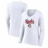 Cincinnati Reds Women's Team Lockup Long Sleeve V-Neck T-Shirt - White - MLB Lifestyle