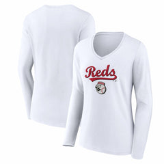 Cincinnati Reds Women's Team Lockup Long Sleeve V-Neck T-Shirt - White - MLB Lifestyle