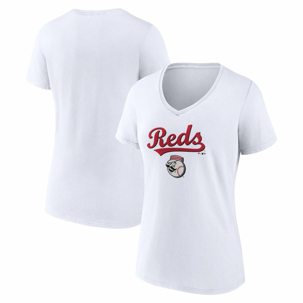 Cincinnati Reds Women's Team Lockup V-Neck T-Shirt - White - MLB Sale