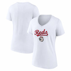 Cincinnati Reds Women's Team Lockup V-Neck T-Shirt - White - MLB Sale