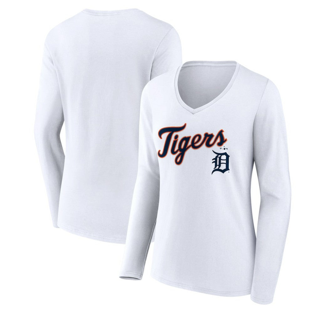 Detroit Tigers Women's Team Lockup Long Sleeve V-Neck T-Shirt - White - MLB Online