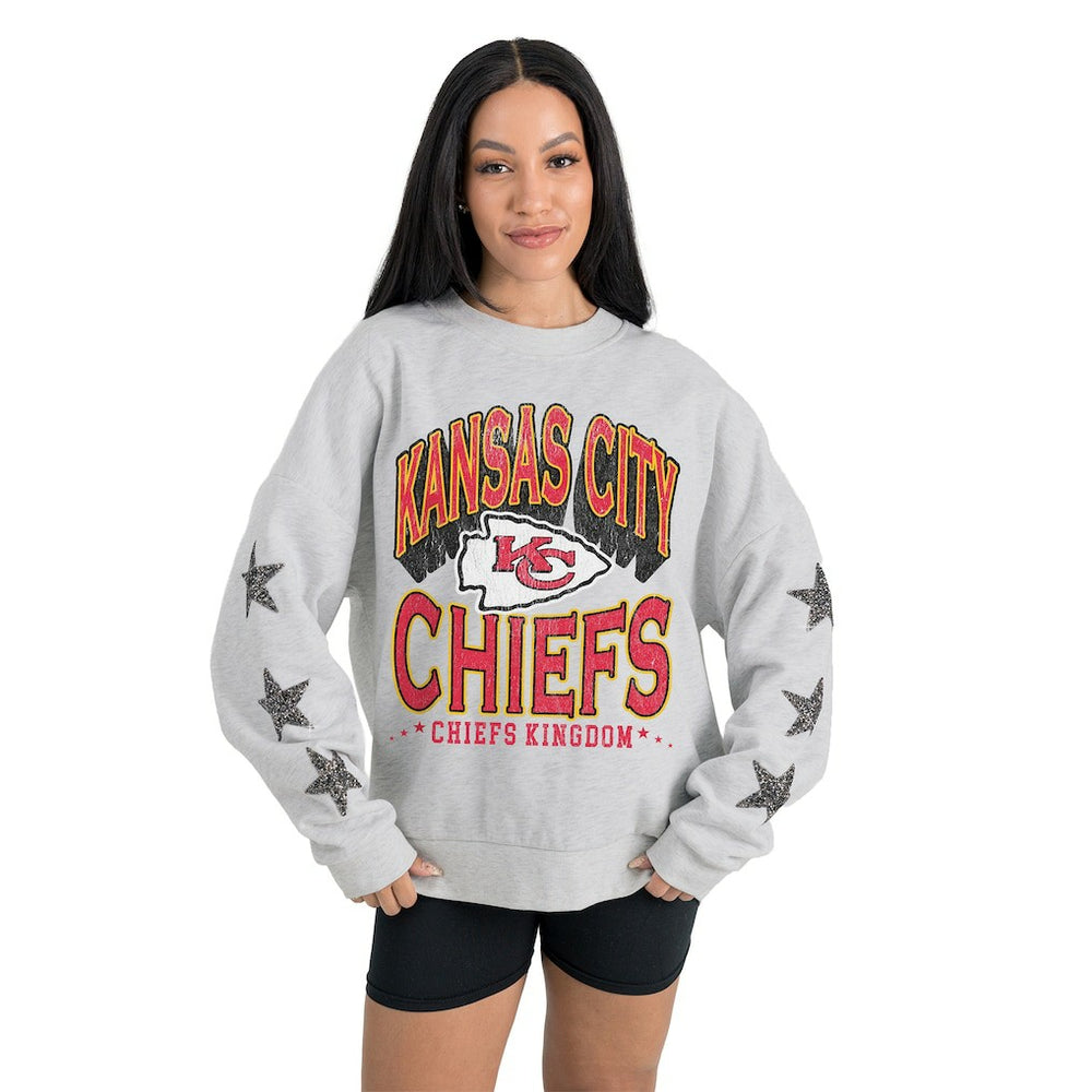 Kansas City Chiefs Gameday Couture Women's Resilience Relaxed Rhinestone Pullover Sweatshirt Ash