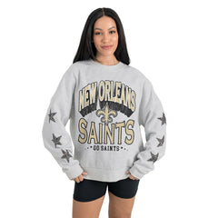 New Orleans Saints Gameday Couture Women's Resilience Relaxed Rhinestone Pullover Sweatshirt Ash