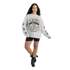 New Orleans Saints Gameday Couture Women's Resilience Relaxed Rhinestone Pullover Sweatshirt Ash