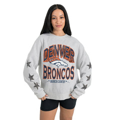 Denver Broncos Gameday Couture Women's Resilience Relaxed Rhinestone Pullover Sweatshirt Ash