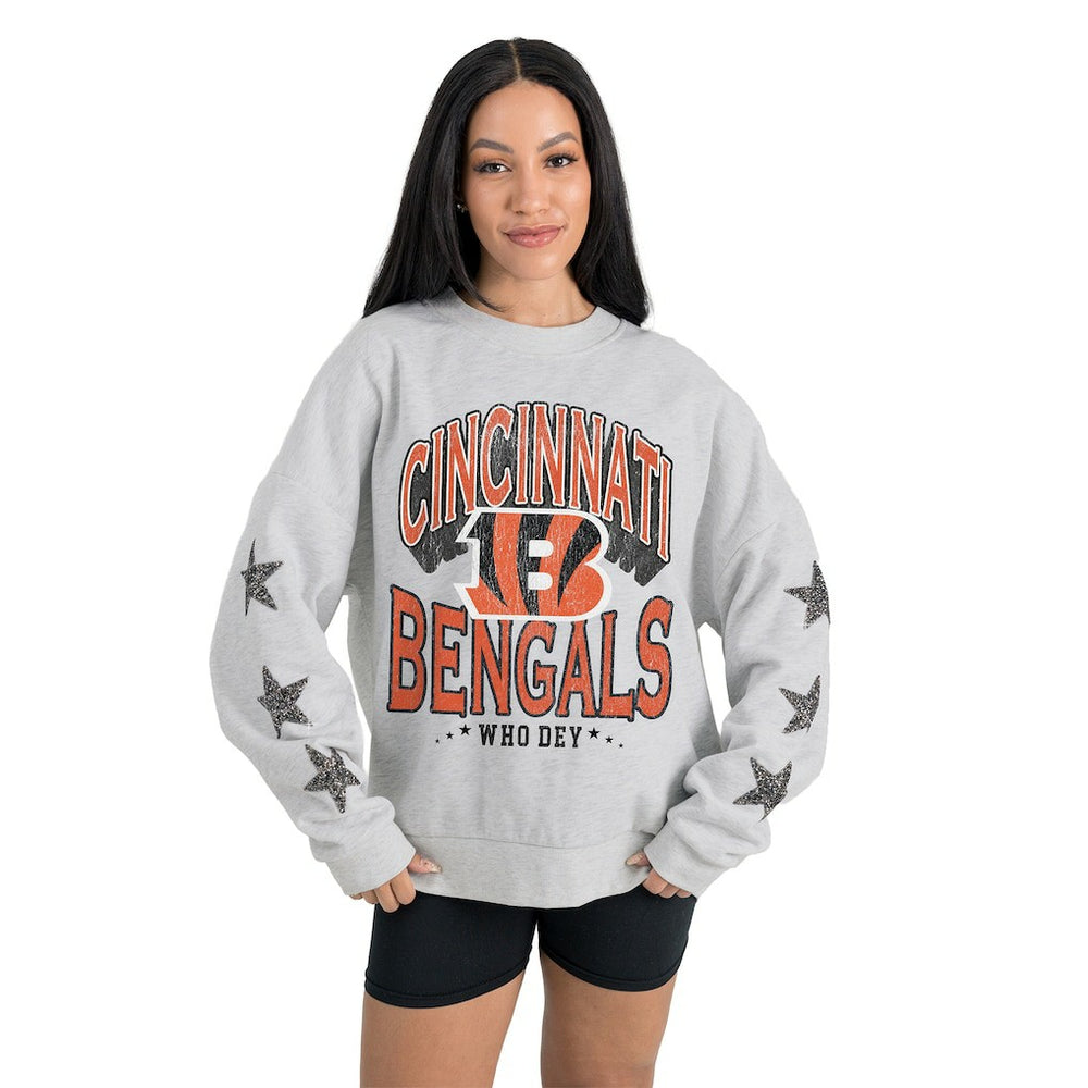 Cincinnati Bengals Gameday Couture Women's Resilience Relaxed Rhinestone Pullover Sweatshirt Ash