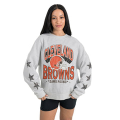 Cleveland Browns Gameday Couture Women's Resilience Relaxed Rhinestone Pullover Sweatshirt Ash