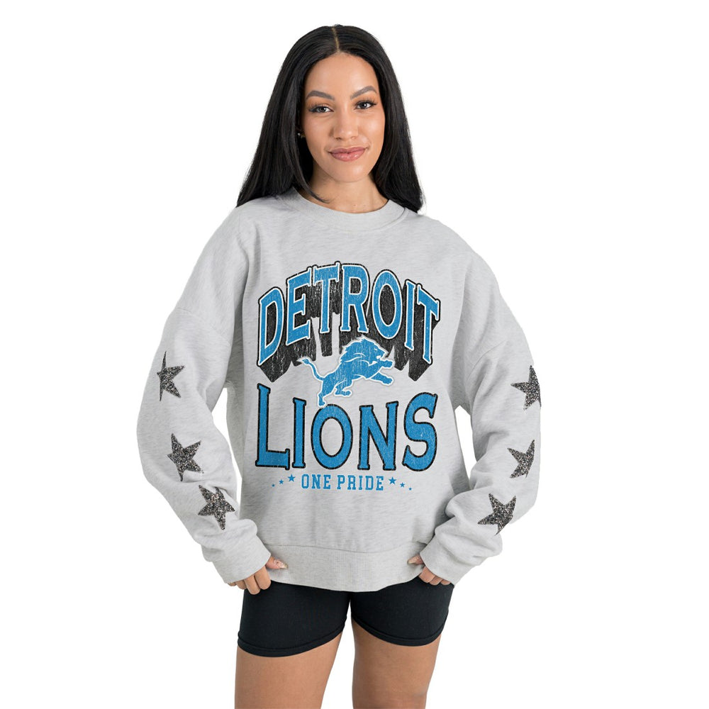 Detroit Lions Gameday Couture Women's Resilience Relaxed Rhinestone Pullover Sweatshirt Ash