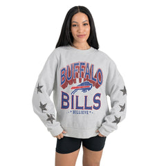 Buffalo Bills Gameday Couture Women's Resilience Relaxed Rhinestone Pullover Sweatshirt Ash