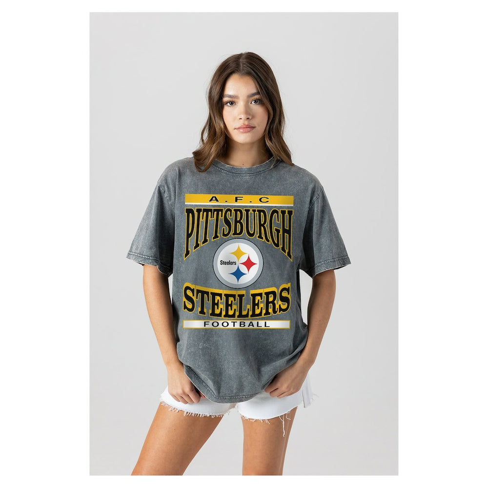 Pittsburgh Steelers Gameday Couture Women's Oversized Classic Grind Washed T-Shirt Gray