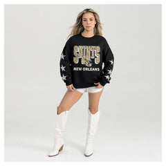 New Orleans Saints Gameday Couture Women's Pure Victory Rhinestud Star-Sleeve Pullover Sweatshirt Black