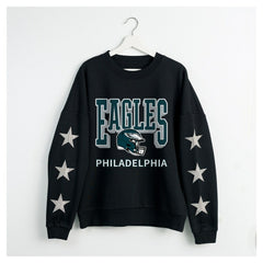 Philadelphia Eagles Gameday Couture Women's Pure Victory Rhinestud Star-Sleeve Pullover Sweatshirt Black
