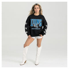 Detroit Lions Gameday Couture Women's Pure Victory Rhinestud Star-Sleeve Pullover Sweatshirt Black