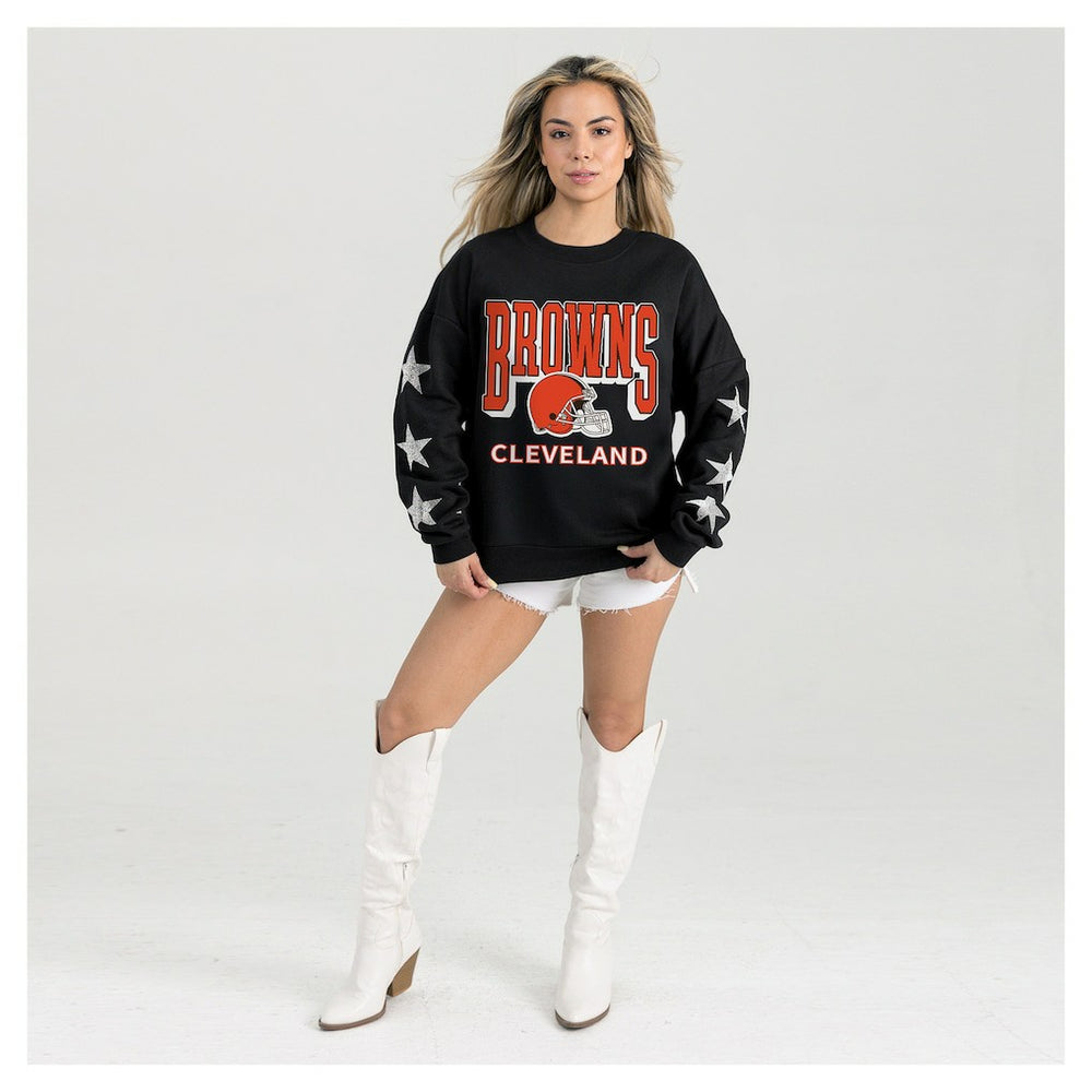 Cleveland Browns Gameday Couture Women's Pure Victory Rhinestud Star-Sleeve Pullover Sweatshirt Black