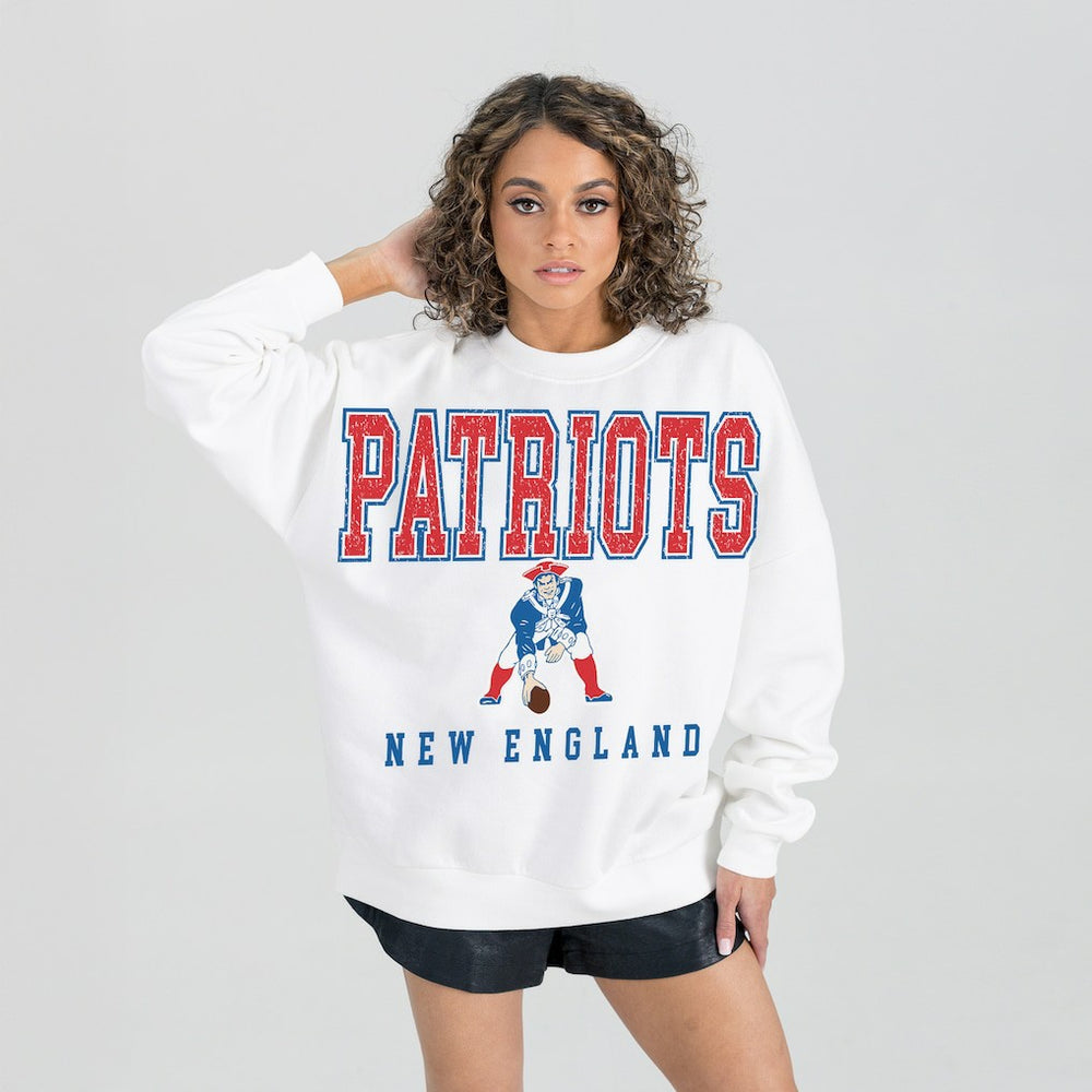 New England Patriots Gameday Couture Women's Classic Sunday Drives Oversized Premium Fleece Pullover Sweatshirt White
