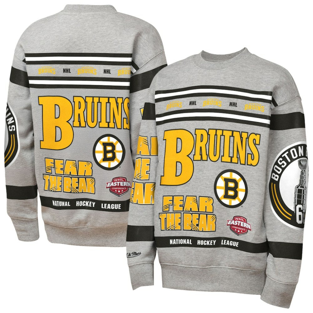 Boston Bruins Mitchell & Ness Youth Allover Print Fleece Crewneck Sweatshirt - Heather Gray - NHL 203328816