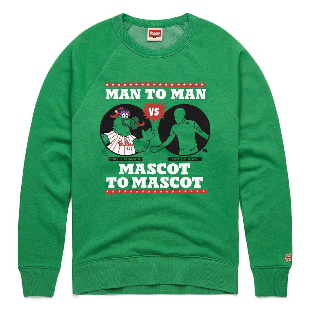 Philadelphia Phillies x It's Always Sunny in Philadelphia Homage Male Adult Phillie Phanatic vs Green Man Sweatshirt - Green - MLB Online