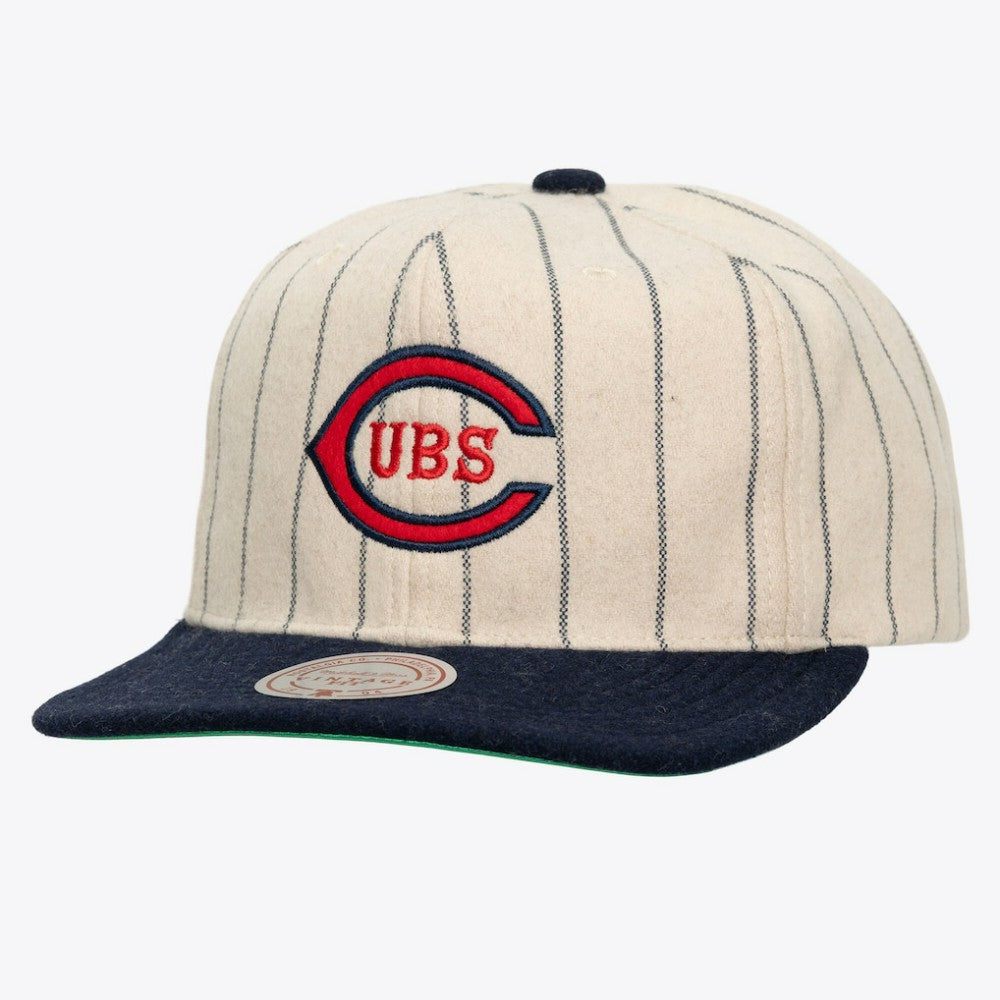Chicago Cubs Mitchell & Ness Unisex Vintage Ground Melton Wool Pinstripe Adjustable Hat - Cream - Mitchell & Ness Online