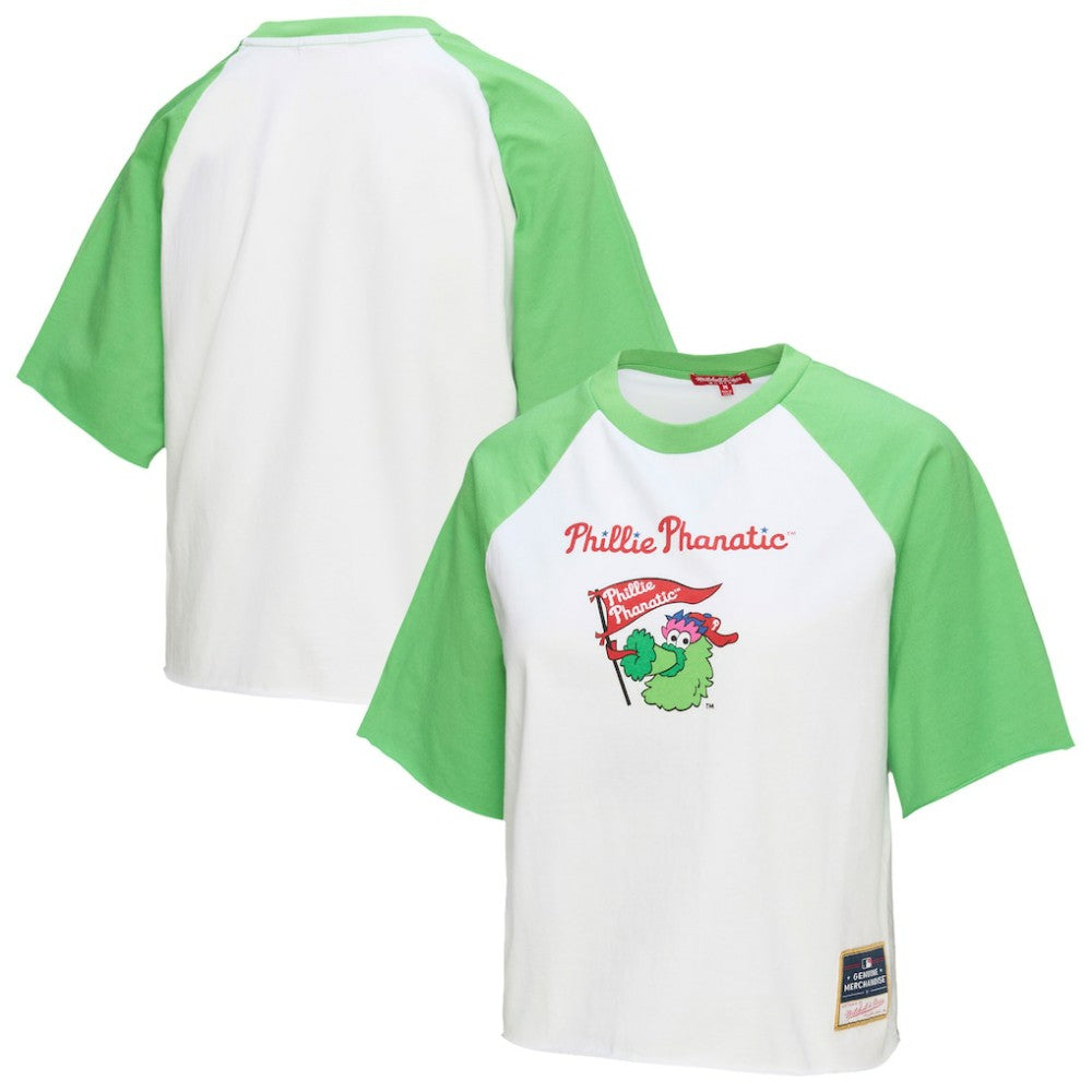 Philadelphia Phillies Mitchell & Ness Women's Cropped Raglan Mascot Boxy T-Shirt - White - Mitchell & Ness Sale
