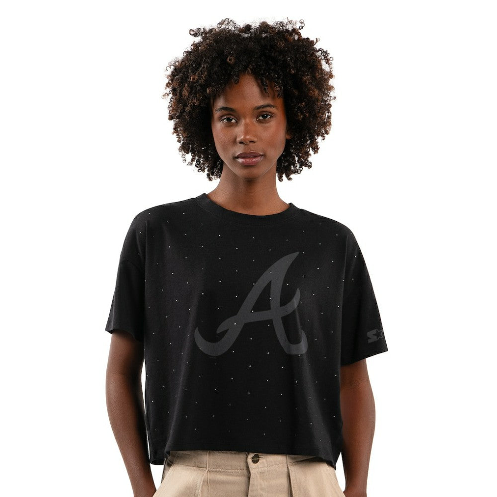 Atlanta Braves Starter Women's Rhinestone Sprinkle Boxy Cropped T-Shirt - Black - MLB on Sale