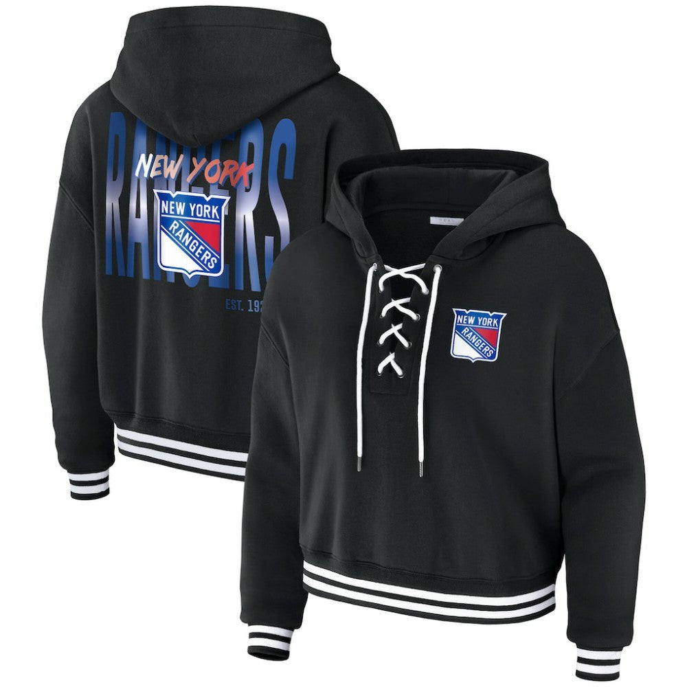 New York Rangers WEAR by Erin Andrews Women's Cropped Lace-Up Hoodie - Black - NHL 203391591