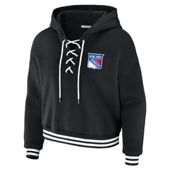 New York Rangers WEAR by Erin Andrews Women's Cropped Lace-Up Hoodie - Black - NHL 203391591