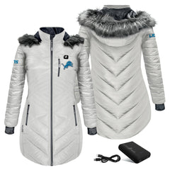 Detroit Lions ActionHeat Women's 5V Battery Heated Long Puffer Full-Zip Hoodie Jacket White