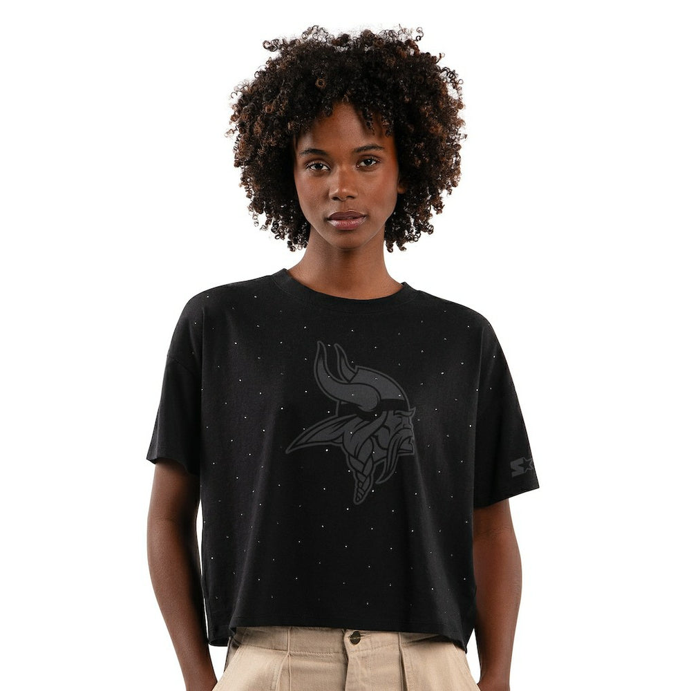 Minnesota Vikings Starter Women's Rhinestone Sprinkle Boxy Cropped T-Shirt Black