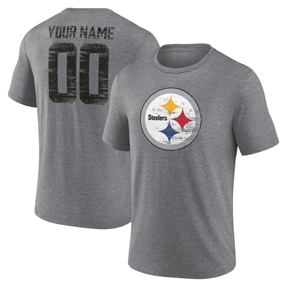 Pittsburgh Steelers Heritage Custom Name & Number Tri-Blend T-Shirt Gray