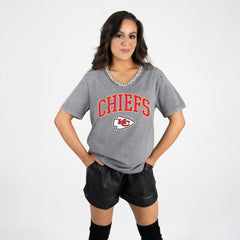 Kansas City Chiefs Gameday Couture Women's Relaxed Iconic Edge Rhinestone V-Neck T-Shirt Gray