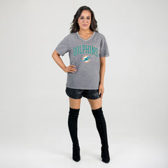 Miami Dolphins Gameday Couture Women's Relaxed Iconic Edge Rhinestone V-Neck T-Shirt Gray