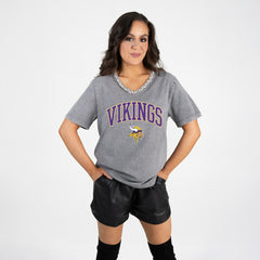 Minnesota Vikings Gameday Couture Women's Relaxed Iconic Edge Rhinestone V-Neck T-Shirt Gray