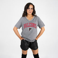 Atlanta Falcons Gameday Couture Women's Relaxed Iconic Edge Rhinestone V-Neck T-Shirt Gray