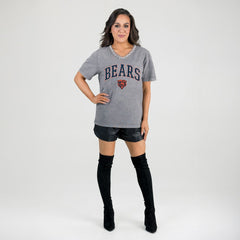 Chicago Bears Gameday Couture Women's Relaxed Iconic Edge Rhinestone V-Neck T-Shirt Gray